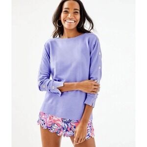 Lilly Pulitzer Milton Coolmax Sweater Heathered Whisper Blue Gold Button Large